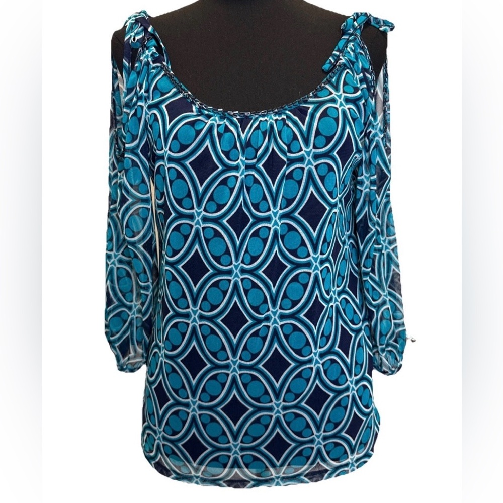 INC Women's Blue/ White Printed Cold Shoulder Lined Blouse, Beaded, Ties, Medium